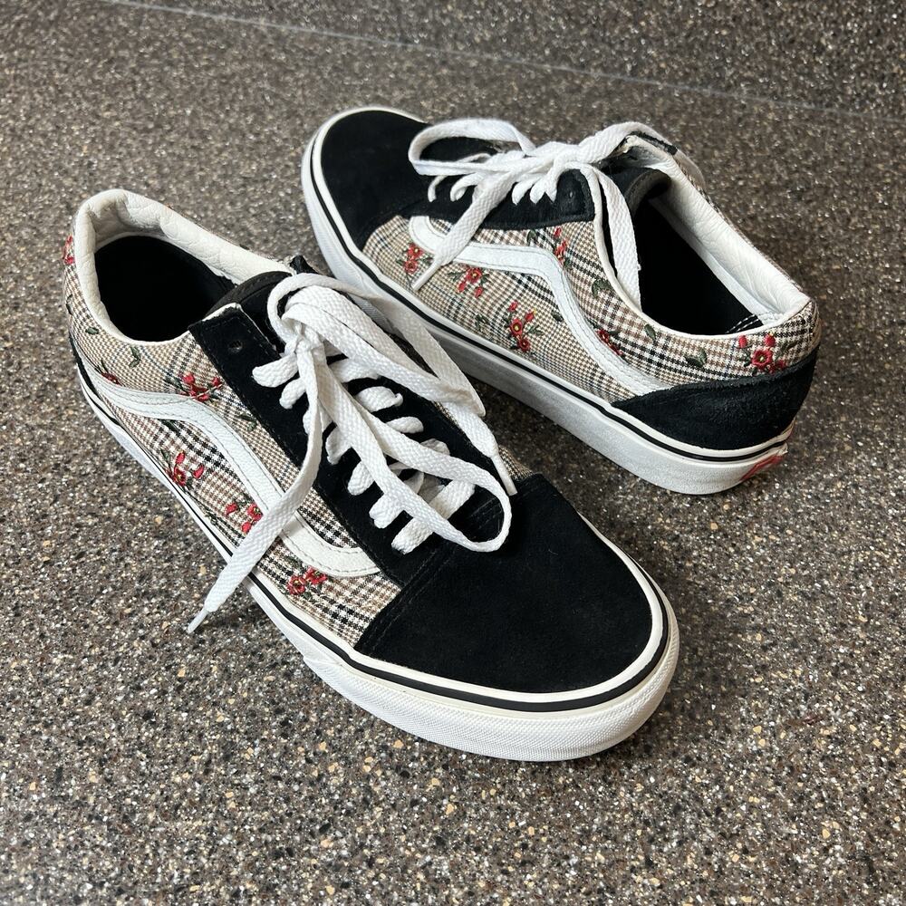 VANS Floral/Plaid Black Suede Canvas Skate Shoe Womens Sz 9.5 Lace Up Low Mens 8